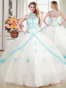 Cute Halter Top Sleeveless Tulle Quinceanera Dress Beading and Appliques Lace Up
