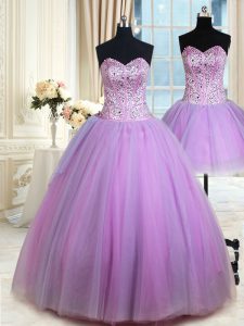 Latest Three Piece Lavender Lace Up Sweetheart Beading Quinceanera Dresses Tulle Sleeveless
