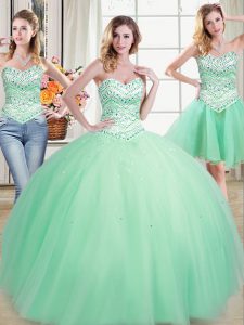 Ideal Three Piece Apple Green Lace Up 15th Birthday Dress Beading Sleeveless Floor Length