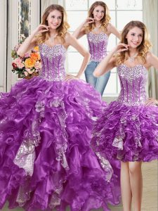 Great Three Piece Purple Ball Gowns Beading and Ruffles and Sequins Vestidos de Quinceanera Lace Up Organza Sleeveless F