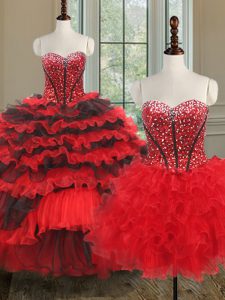 Three Piece Organza Sweetheart Sleeveless Lace Up Beading and Ruffled Layers Sweet 16 Dresses in Black and Red