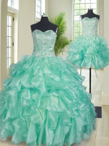 Fashionable Three Piece Apple Green Sleeveless Organza Lace Up Sweet 16 Quinceanera Dress for Military Ball and Sweet 16