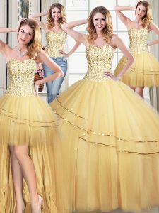 Fantastic Four Piece Gold Tulle Lace Up Quinceanera Gown Sleeveless Floor Length Beading and Sequins