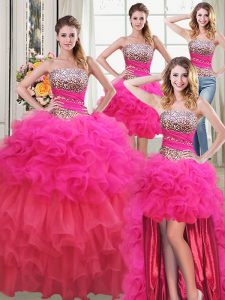 Beauteous Four Piece Sequins Ruffled Multi-color Sleeveless Organza Lace Up 15 Quinceanera Dress for Military Ball and S