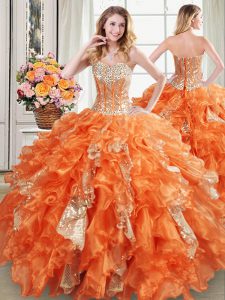 Sequins Floor Length Orange 15th Birthday Dress Sweetheart Sleeveless Lace Up