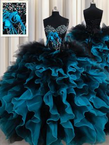 Sweetheart Sleeveless Quinceanera Dress Floor Length Beading and Ruffles and Hand Made Flower Black and Blue Organza and