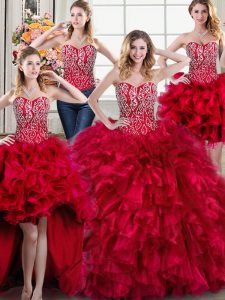 High Quality Four Piece Sweetheart Sleeveless Brush Train Lace Up Ball Gown Prom Dress Red Organza