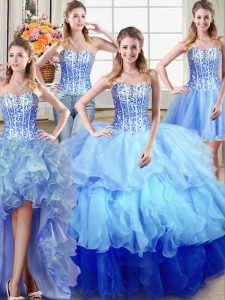 Flirting Four Piece Multi-color Lace Up 15 Quinceanera Dress Ruffles and Sequins Sleeveless Floor Length