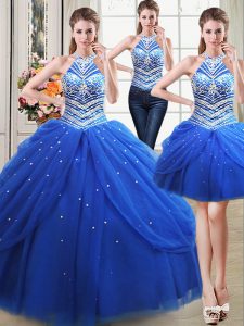 Sweet Three Piece Halter Top Royal Blue Ball Gowns Beading and Pick Ups Quinceanera Dress Lace Up Tulle Sleeveless Floor