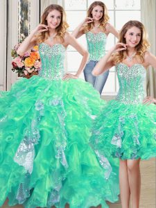 Three Piece Sleeveless Lace Up Floor Length Beading and Ruffles and Sequins Sweet 16 Dresses