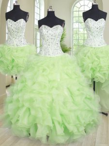 Custom Fit Four Piece Yellow Green Sleeveless Organza Lace Up Sweet 16 Quinceanera Dress for Military Ball and Sweet 16 