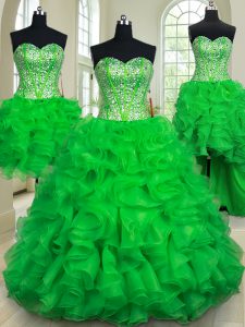Four Piece Green Sleeveless Organza Lace Up Quinceanera Gown for Military Ball and Sweet 16 and Quinceanera