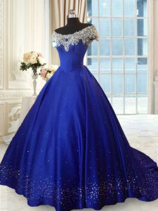 Glorious Off the Shoulder Royal Blue Ball Gowns Beading and Lace Quinceanera Gowns Lace Up Satin Cap Sleeves