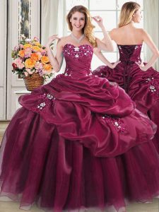 Burgundy Lace Up Vestidos de Quinceanera Appliques and Pick Ups Sleeveless Floor Length