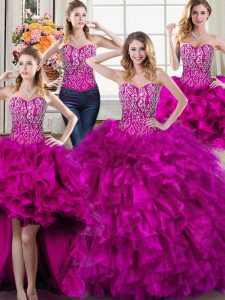 Four Piece Sleeveless Lace Up Beading and Ruffles Ball Gown Prom Dress
