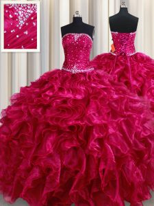 Dazzling Fuchsia Strapless Lace Up Beading and Ruffles Quinceanera Gown Sleeveless
