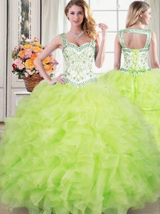 Straps Yellow Green Sleeveless Floor Length Beading and Lace and Ruffles Lace Up Sweet 16 Dresses