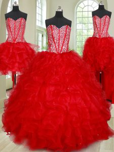 High End Four Piece Red Ball Gowns Sweetheart Sleeveless Organza Floor Length Lace Up Beading and Ruffles Quince Ball Go