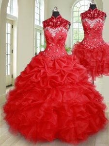 Clearance Three Piece Floor Length Lace Up Sweet 16 Dresses Red for Military Ball and Sweet 16 and Quinceanera with Bead