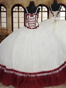 Straps White And Red Sleeveless Floor Length Beading Lace Up Sweet 16 Dress
