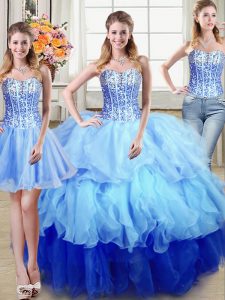 Stylish Three Piece Multi-color Ball Gowns Organza Sweetheart Sleeveless Ruffles and Sequins Floor Length Lace Up Quince