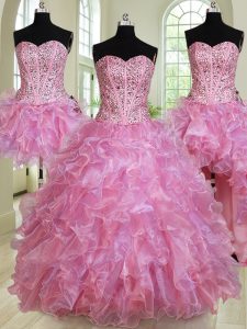 Deluxe Four Piece Multi-color Organza Lace Up Sweetheart Sleeveless Floor Length Quince Ball Gowns Beading and Ruffles