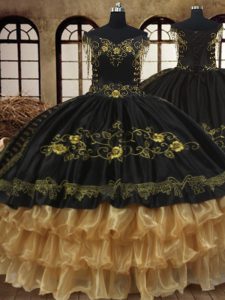 New Arrival Off The Shoulder Sleeveless Organza and Taffeta Quince Ball Gowns Beading and Embroidery and Ruffled Layers 
