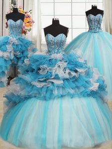 Blue And White Sweetheart Lace Up Beading and Ruffles 15 Quinceanera Dress Sleeveless