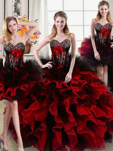 Four Piece Black and Red Ball Gowns Sweetheart Sleeveless Organza and Tulle Floor Length Lace Up Beading and Ruffles and