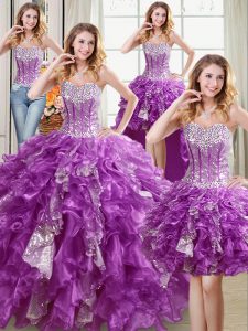 Discount Four Piece Sweetheart Sleeveless Quinceanera Gowns Floor Length Beading and Ruffles and Sequins Purple Organza