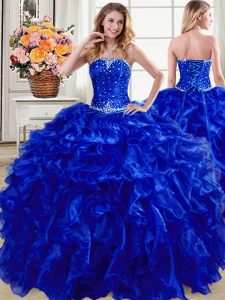 Royal Blue Lace Up Strapless Beading and Ruffles Sweet 16 Dresses Organza Sleeveless