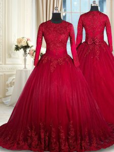 Scoop Floor Length Ball Gowns Long Sleeves Wine Red Quinceanera Dress Clasp Handle
