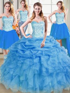 Four Piece Blue Organza Lace Up Sweetheart Sleeveless Floor Length Sweet 16 Quinceanera Dress Beading and Ruffles and Pi