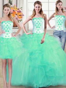 Sweet Three Piece Turquoise Lace Up Sweet 16 Dress Beading and Appliques and Ruffles Sleeveless Floor Length