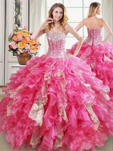 Custom Designed Sequins Hot Pink Sleeveless Organza Lace Up Quince Ball Gowns for Military Ball and Sweet 16 and Quincea