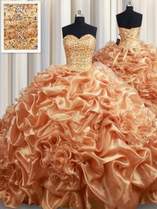 Cheap Sleeveless Organza Court Train Lace Up 15 Quinceanera Dress in Champagne with Beading and Ruffles and Pick Ups