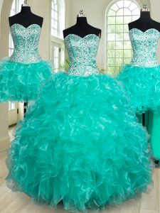Modern Four Piece Beading and Ruffles Sweet 16 Dress Turquoise Lace Up Sleeveless Floor Length