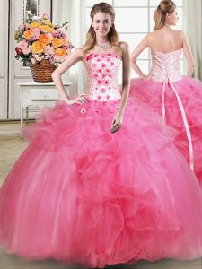 Hot Pink Tulle Lace Up Strapless Sleeveless Floor Length Quinceanera Dress Beading and Appliques and Ruffles