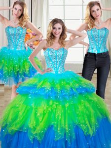 On Sale Three Piece Multi-color Tulle Lace Up Sweetheart Sleeveless Floor Length Sweet 16 Dress Beading and Ruffled Laye