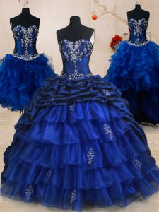 Exceptional Four Piece Royal Blue Sleeveless Brush Train Beading and Ruffled Layers and Pick Ups With Train Quinceanera 