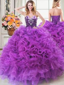 Attractive Organza Sweetheart Sleeveless Lace Up Beading and Ruffles 15th Birthday Dress in Eggplant Purple