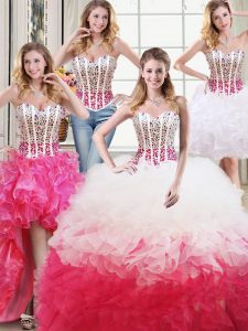 Luxurious Four Piece White and Red Sleeveless Organza Lace Up Ball Gown Prom Dress for Military Ball and Sweet 16 and Qu
