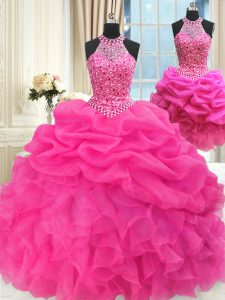 Three Piece Halter Top Beading and Ruffles and Pick Ups Ball Gown Prom Dress Hot Pink Lace Up Sleeveless Floor Length