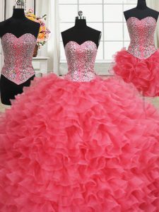 Top Selling Three Piece Floor Length Ball Gowns Sleeveless Coral Red Sweet 16 Dress Lace Up