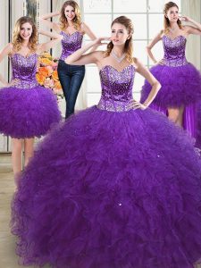 Stunning Four Piece Eggplant Purple Sleeveless Floor Length Beading and Ruffles Lace Up Quinceanera Dress