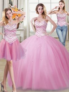 Captivating Three Piece Rose Pink Sleeveless Beading Floor Length Vestidos de Quinceanera