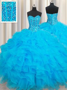 Sophisticated Baby Blue Sleeveless Floor Length Beading and Ruffles Lace Up 15 Quinceanera Dress