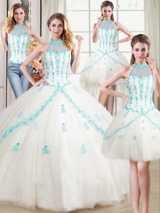 Traditional Four Piece Halter Top Sleeveless Sweet 16 Dress Floor Length Beading and Appliques White Tulle