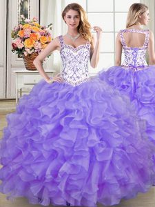 Stunning Straps Sleeveless Organza Quinceanera Dresses Beading and Lace and Ruffles Lace Up