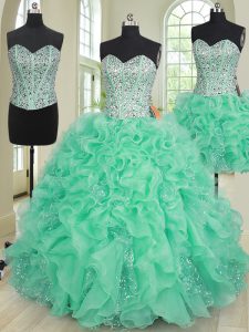 Three Piece Sweetheart Sleeveless Quinceanera Gowns Floor Length Beading and Ruffles Turquoise Organza